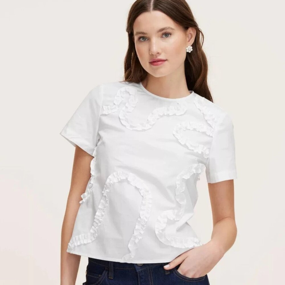New Kate Spade Ribbon Short Sleeve Blouse Top Crew Ruffle Target White Cotton